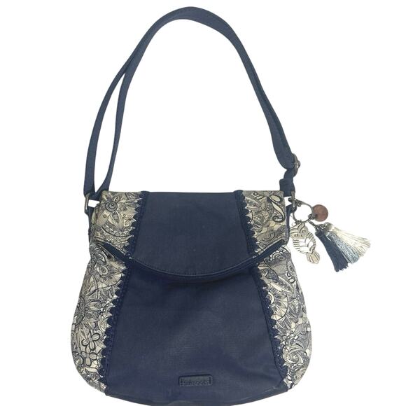 Sakroot Canvas Fold Over crossbody Hand bag clean blue& white W/owl & charms - Picture 1 of 16